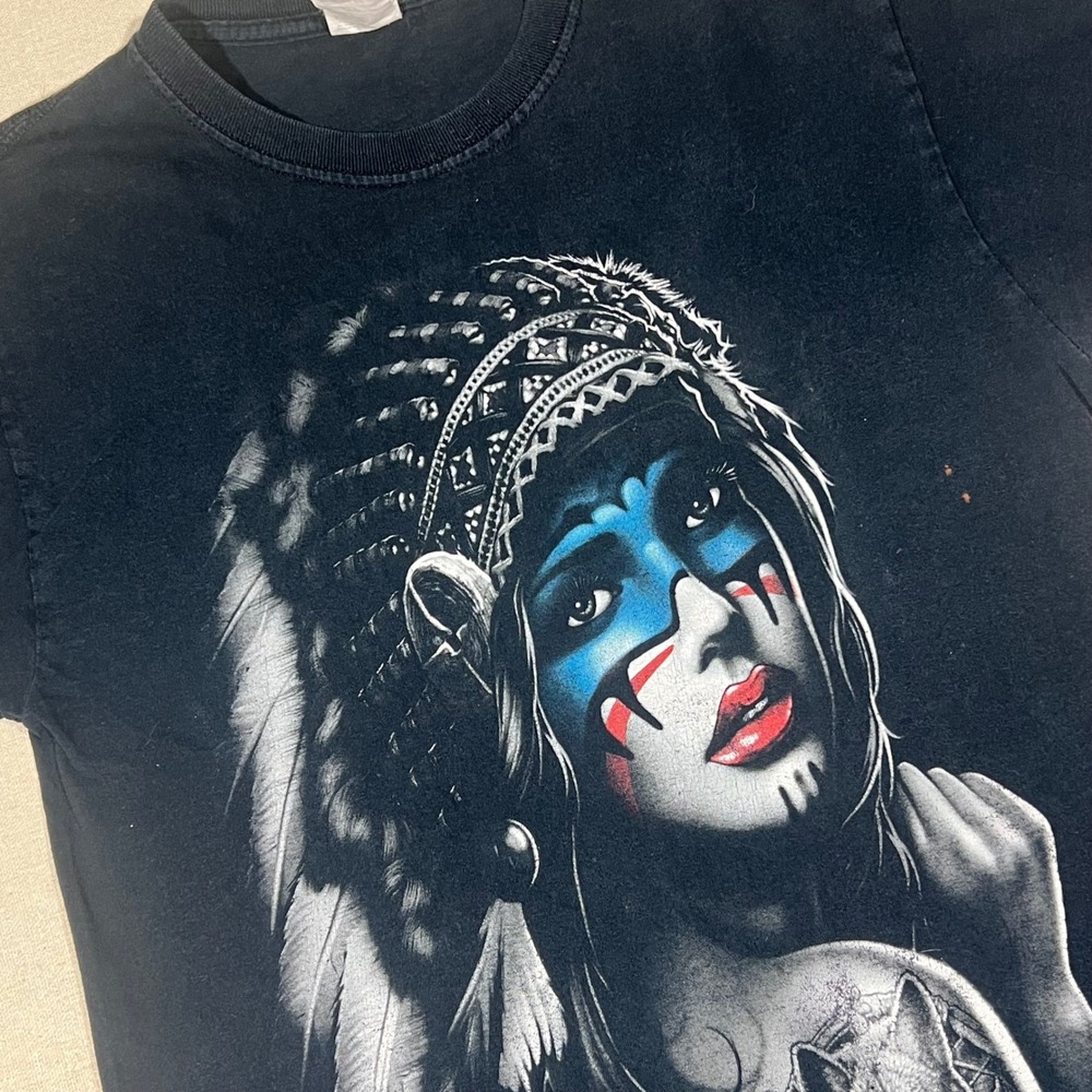 Vintage Native‎ American Indian Woman T Shirt Graphic Tee Small S *FLAW